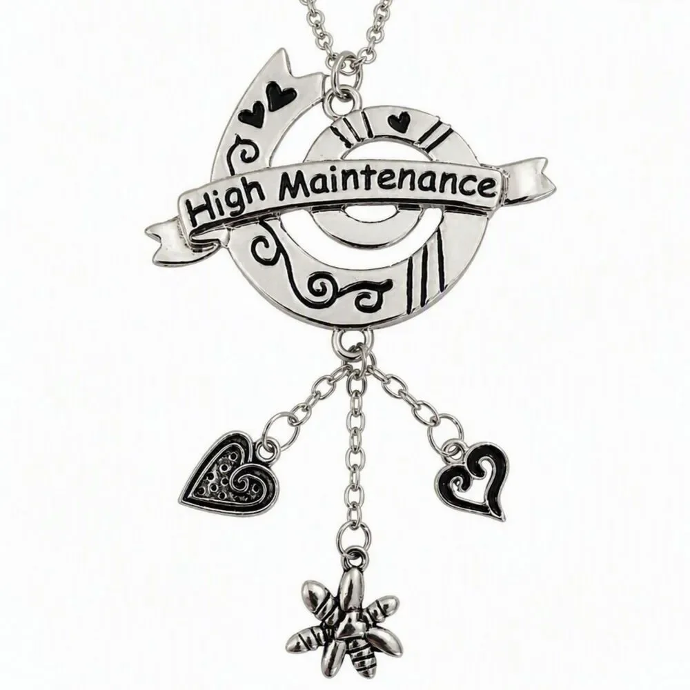 VTG Style High Maintenance Silver Tone Heart Flower Swirl Ribbon Charm Keychain